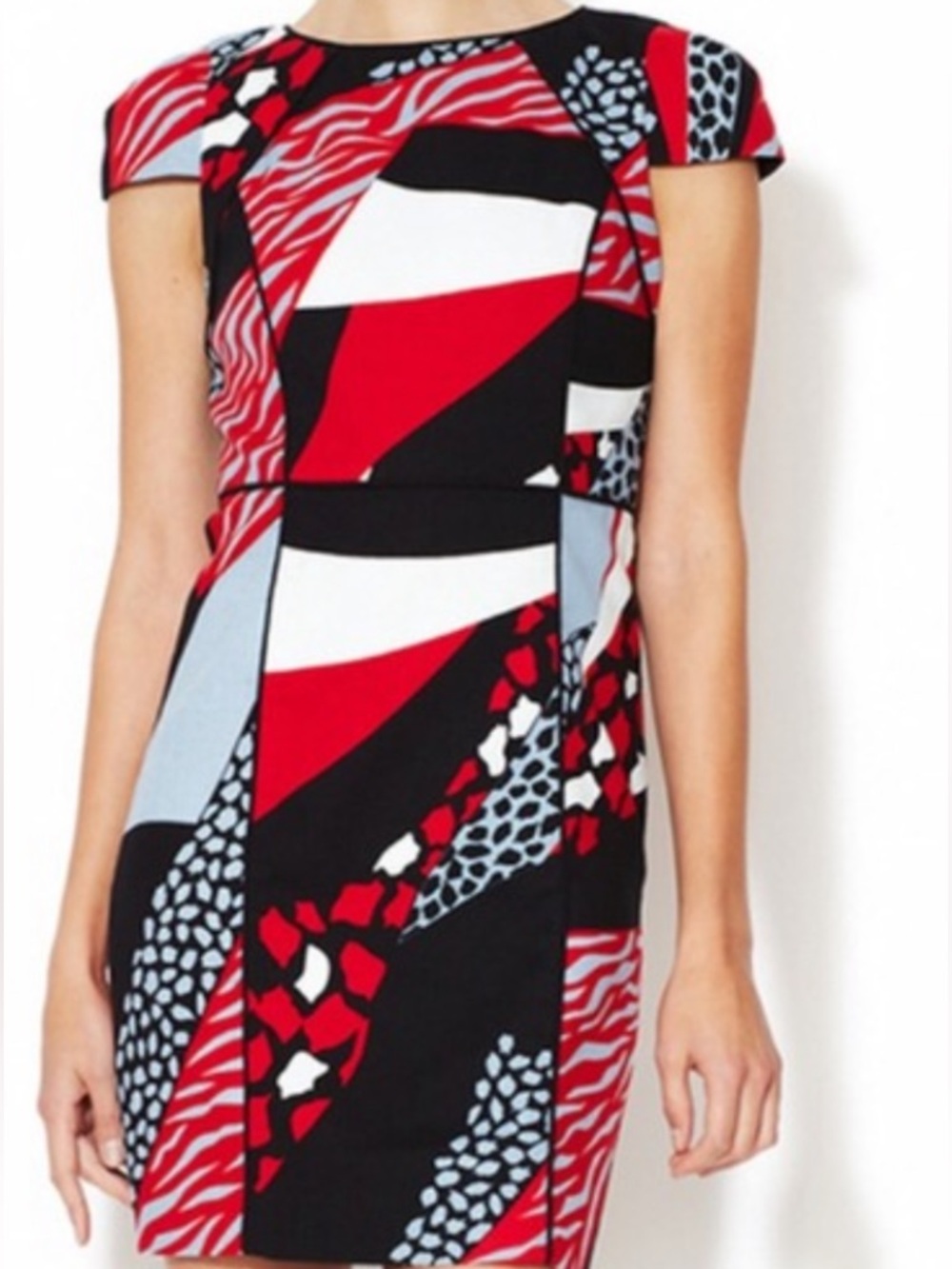 Geometric Red & Black Cap-Sleeve Mini Dress